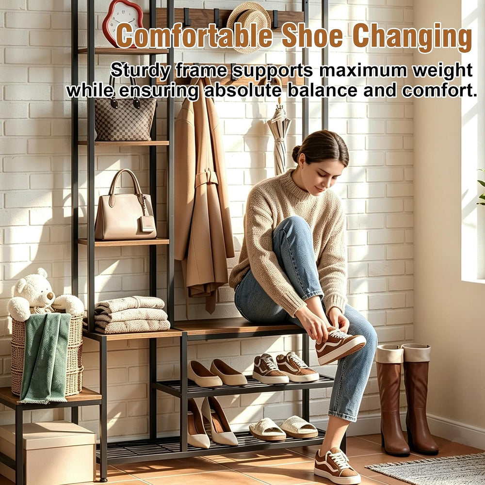 Hall Tree with Shoe Storage Bench, Coat Rack with 7 Hooks & Shelves