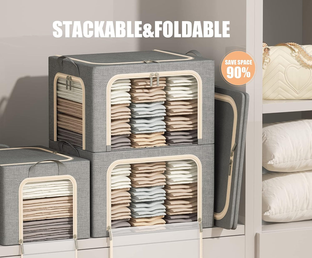 3 Openings Clothes Storage Bins with Metal Frame, Foldable Storage Bin for Cl...