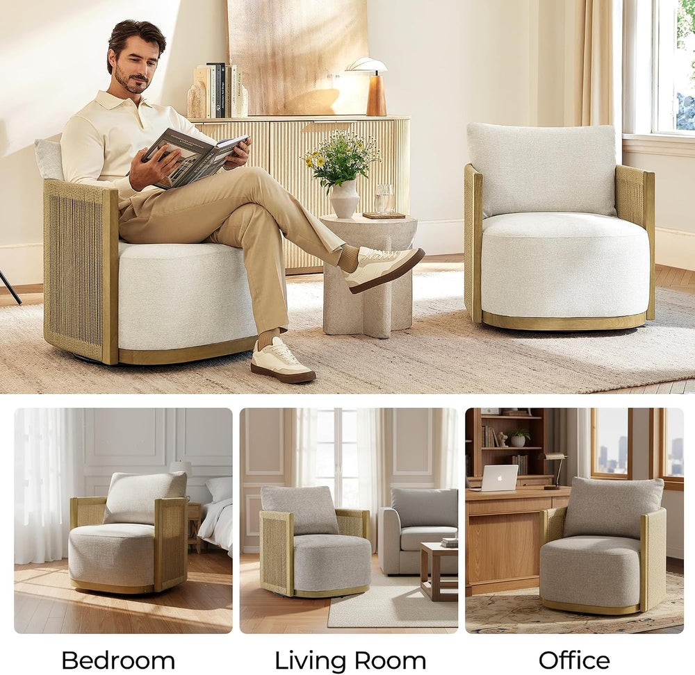 CHITA Braid Swivel Accent Chair with Wood Frame & Thickened Cushion, Linen