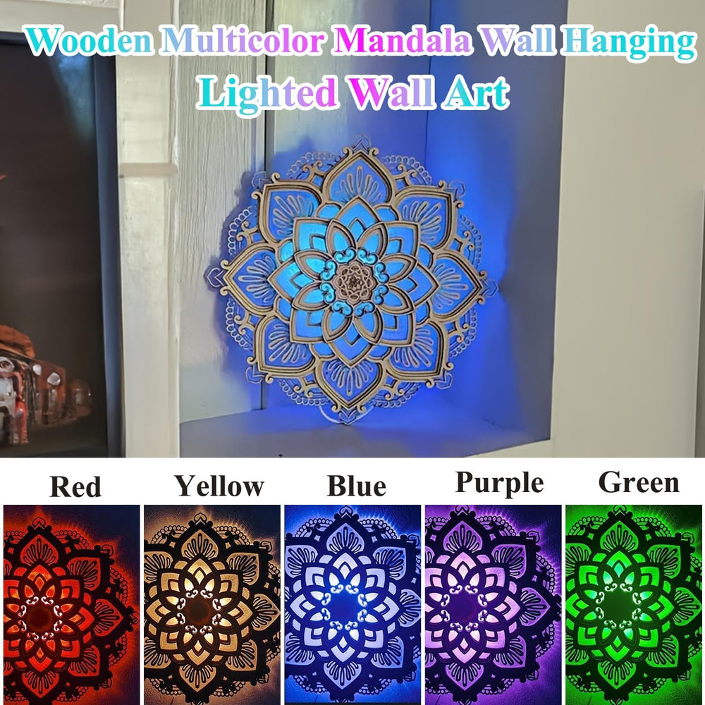 Wooden Mandala Wall Art, Lotus Flower Wall Decor with Led Light