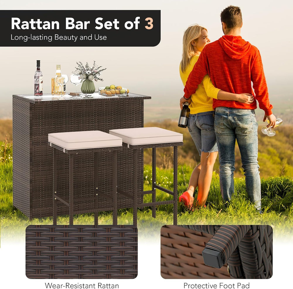 Tangkula 3 Piece Patio Bar Set, Outdoor Rattan Bar Table and 2 Stools with Te...