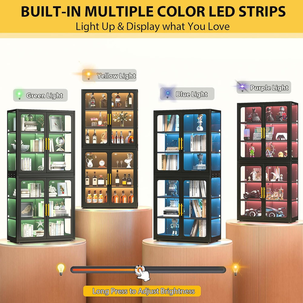 Display Cabinet with Glass Doors and Adjustable Shelves,67" Tall Bookcas...
