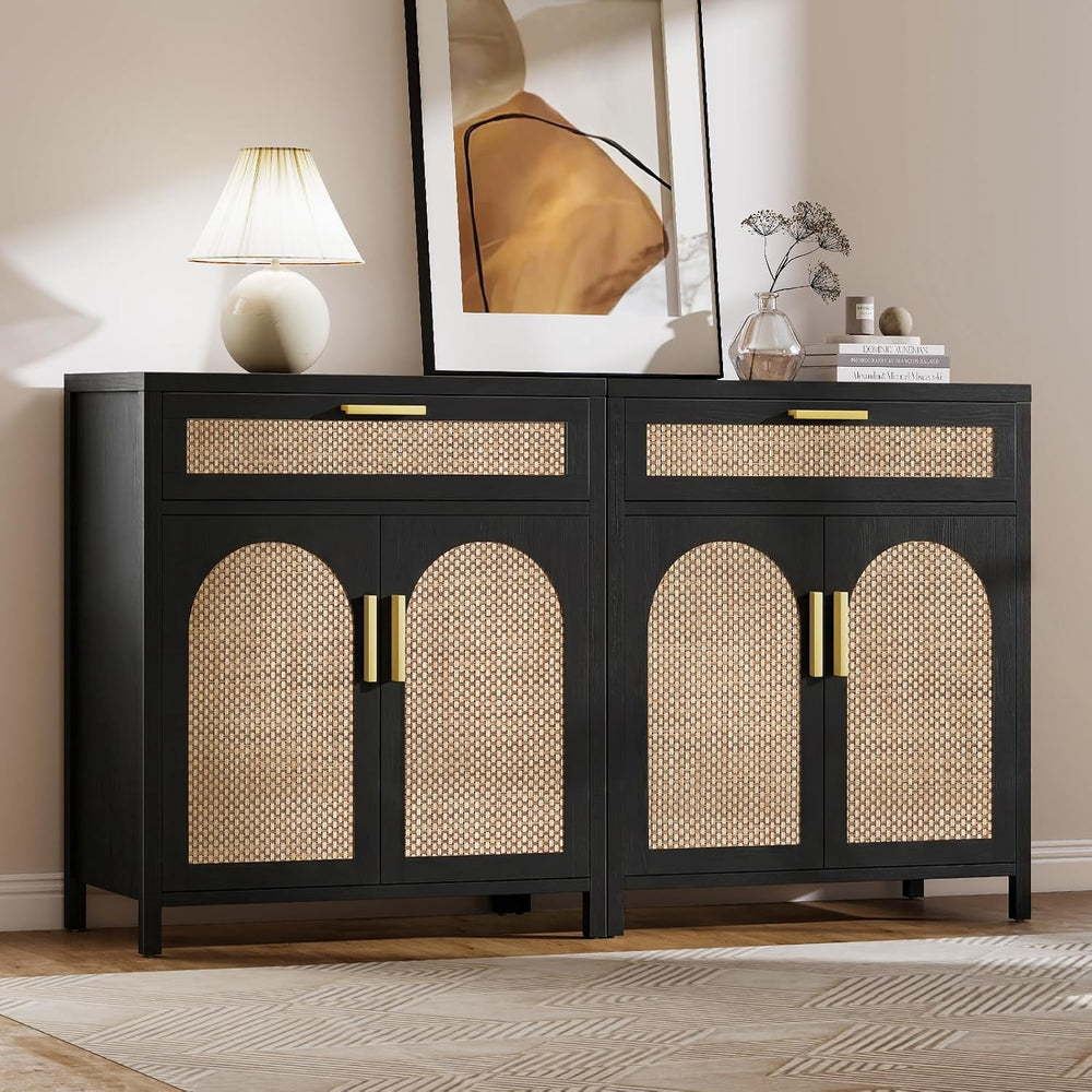 Rattan Buffet Cabinet with Storage Set of 2, Sideboard Cabinet with Doors and...