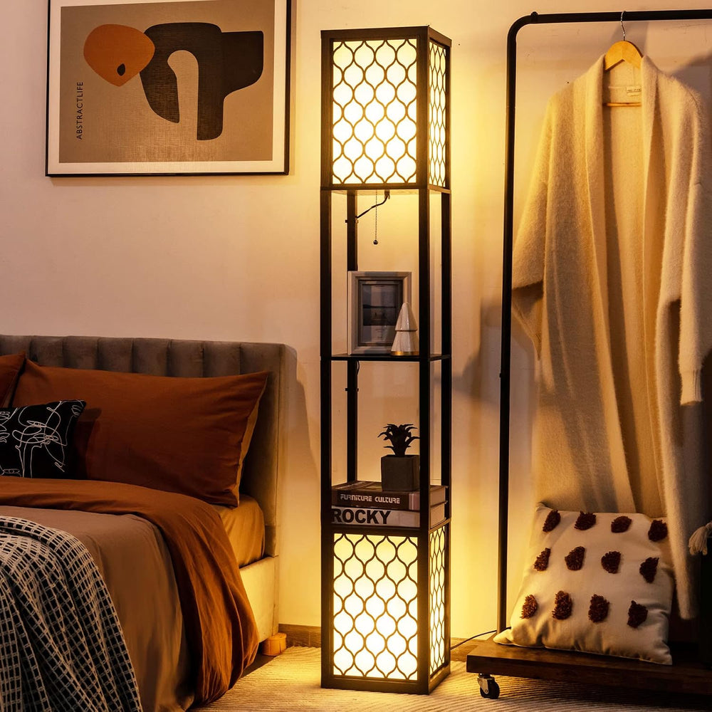 Tangkula Modern Shelf Floor Lamp, Freestanding Double Lamp w/ 2-Tier Wood She...