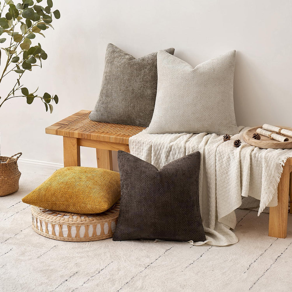 MIULEE Decorative Chenille Fall Pillow Covers Gold Brown 18x18 Pack of 4