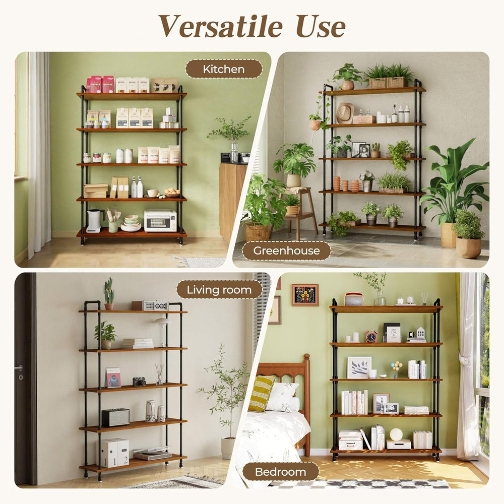 Industrial Bookshelf, Pipe Shelf Bookcase, 5 Tier, 48" Walnut