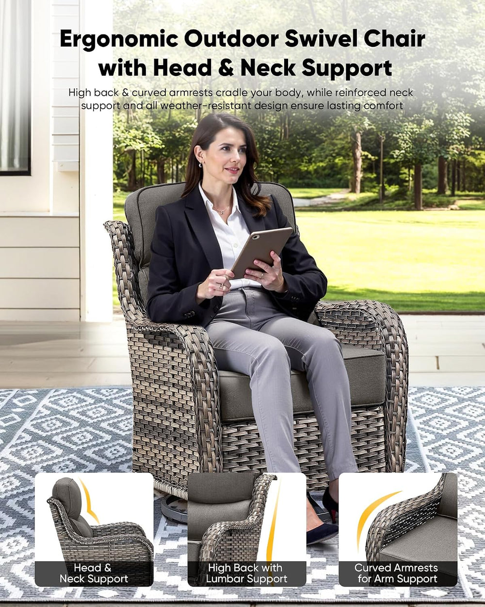 HUMMUH 3-Piece Wicker Swivel Rocker Chairs and Side Table Patio Set