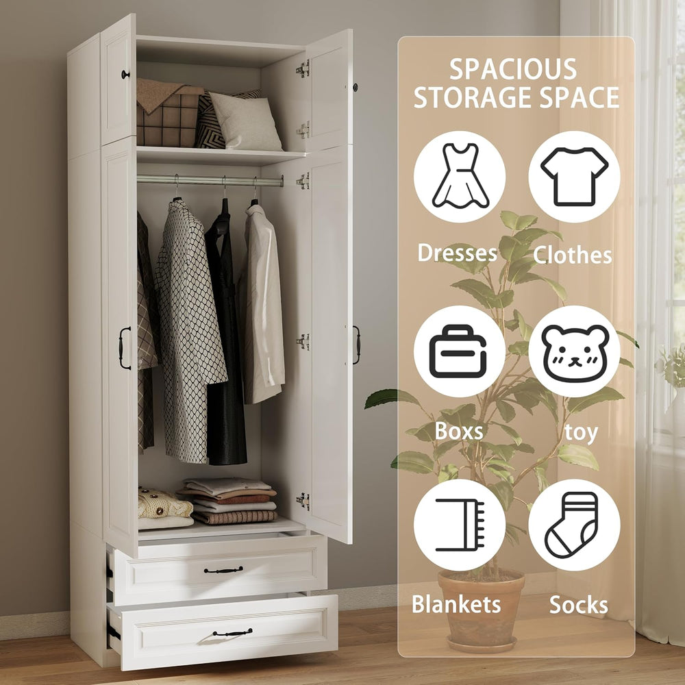 White Armoires Wardrobe Closet with 2 Drawers and 2 Doors: 88" H