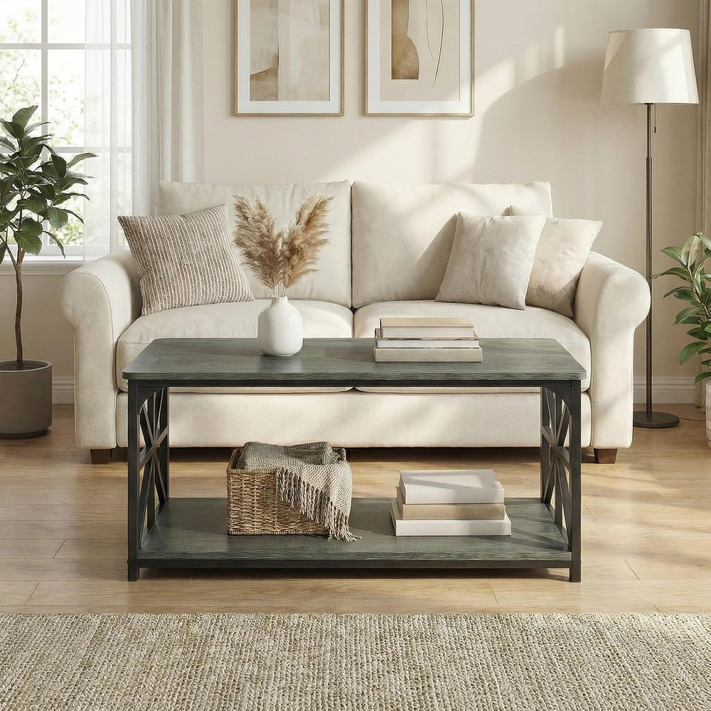 COSTWAY 43" 2-Tier Industrial Coffee Table with Storage, Grey Oak+Black