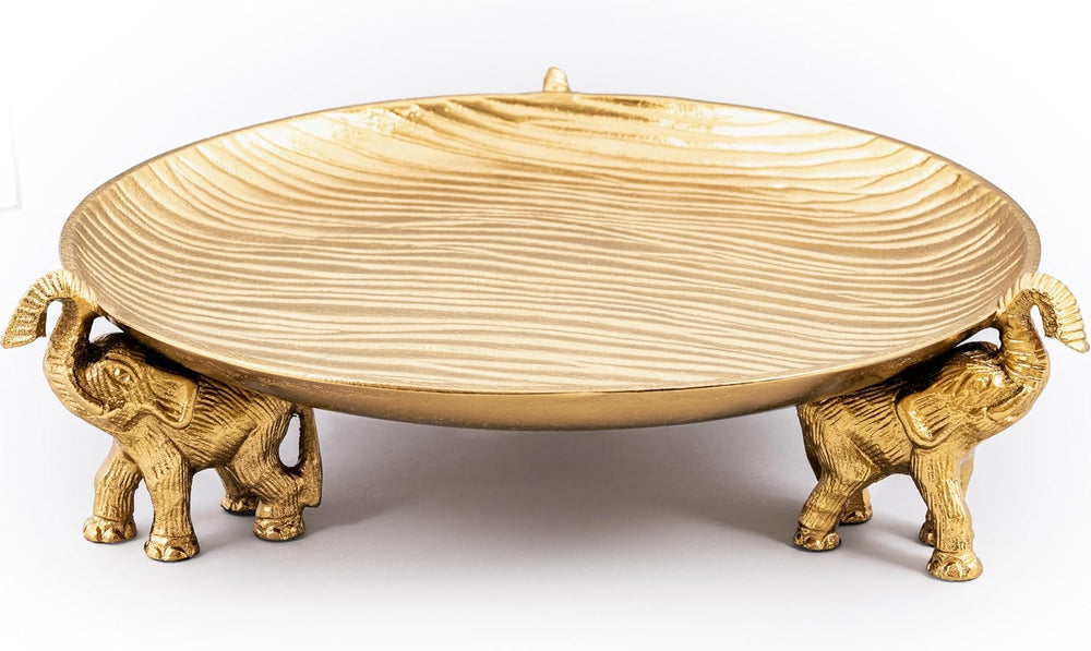 Golden Tray with Elephant Stand - Round Decorative Coffee Table Centerpiece
