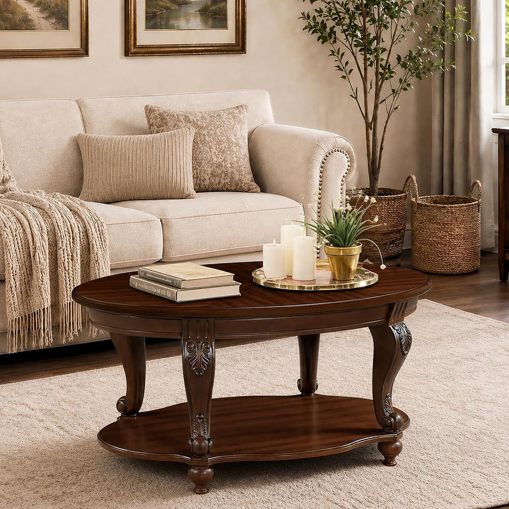 LKTART 42" Vintage Oval Coffee Table, 2 Tier with Storage Shelf, Cherry