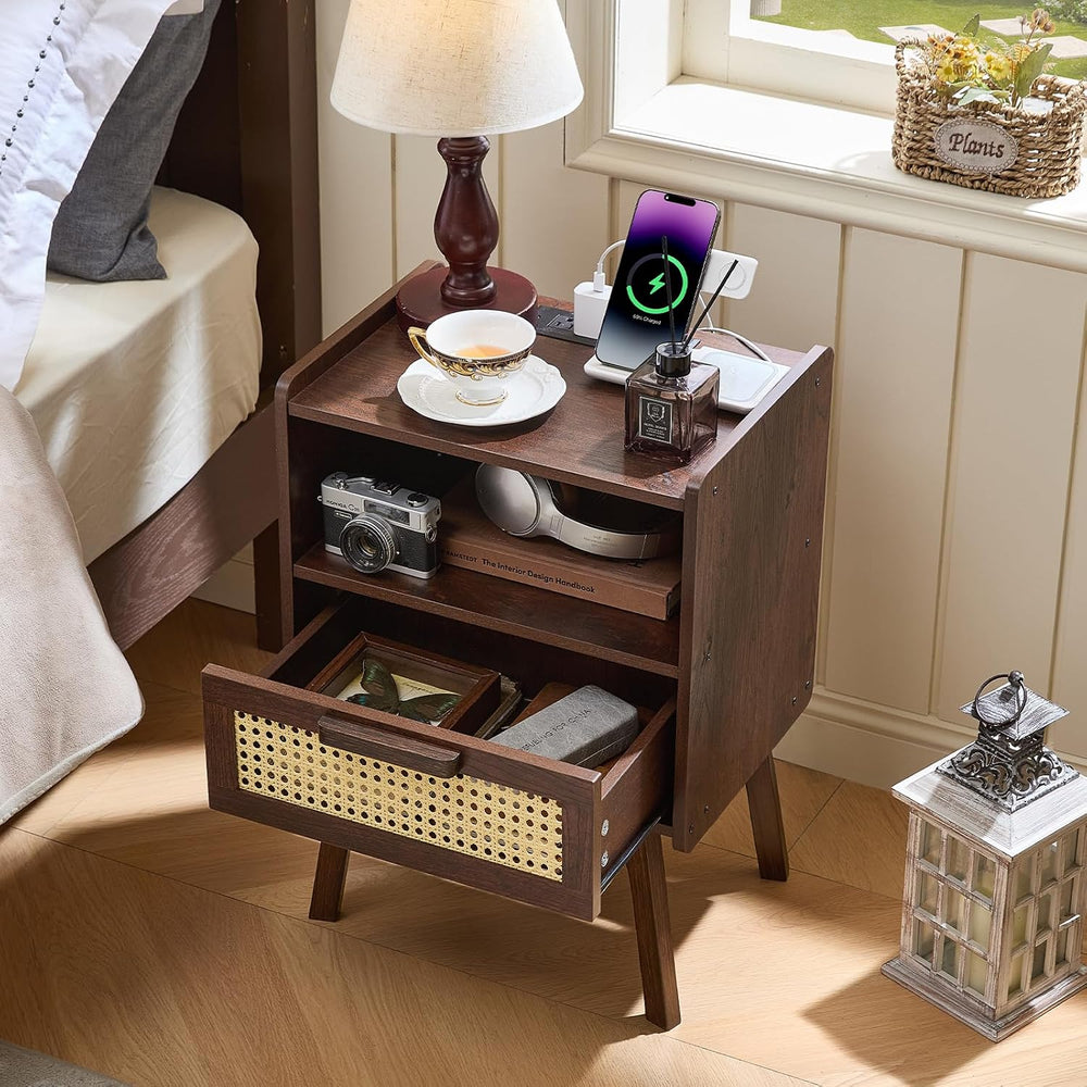 Lerliuo Rattan Nightstand with Charging Station, Side Table with Drawer