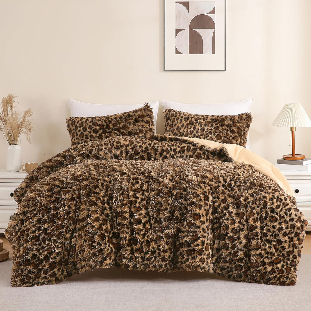 Cheetah Print Fluffy Faux Fur Comforter Set Queen Size, 3 Pieces, Brown