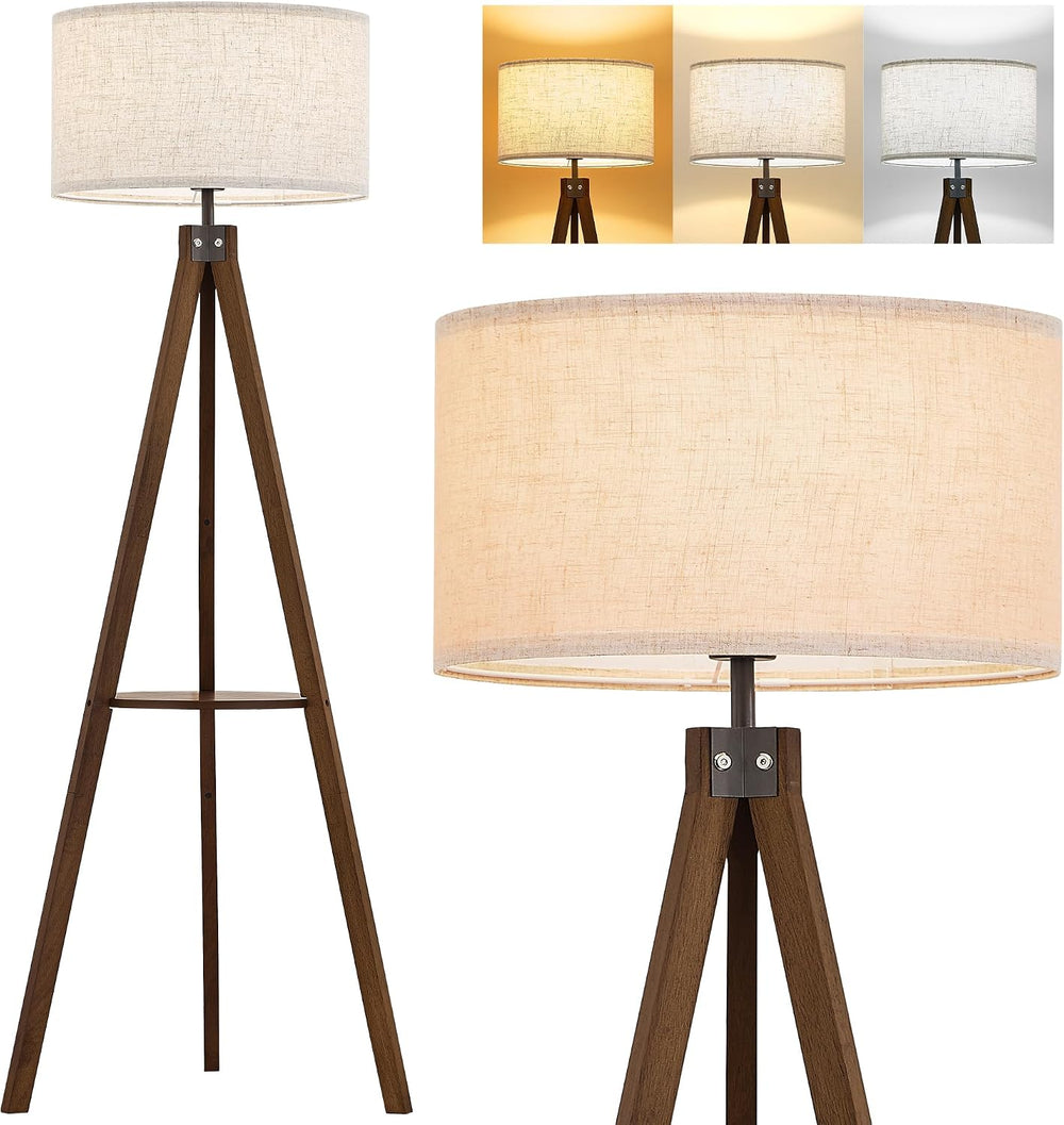 ELYONA Tripod Floor Lamp with Table, Mid Century Wood Shelf Standing Light Mo...