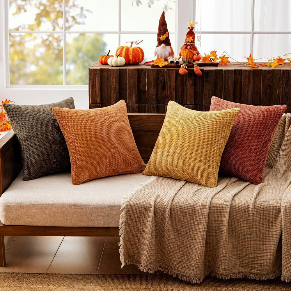 MIULEE Decorative Chenille Fall Pillow Covers Orange Brown 20x20 Pack of 4