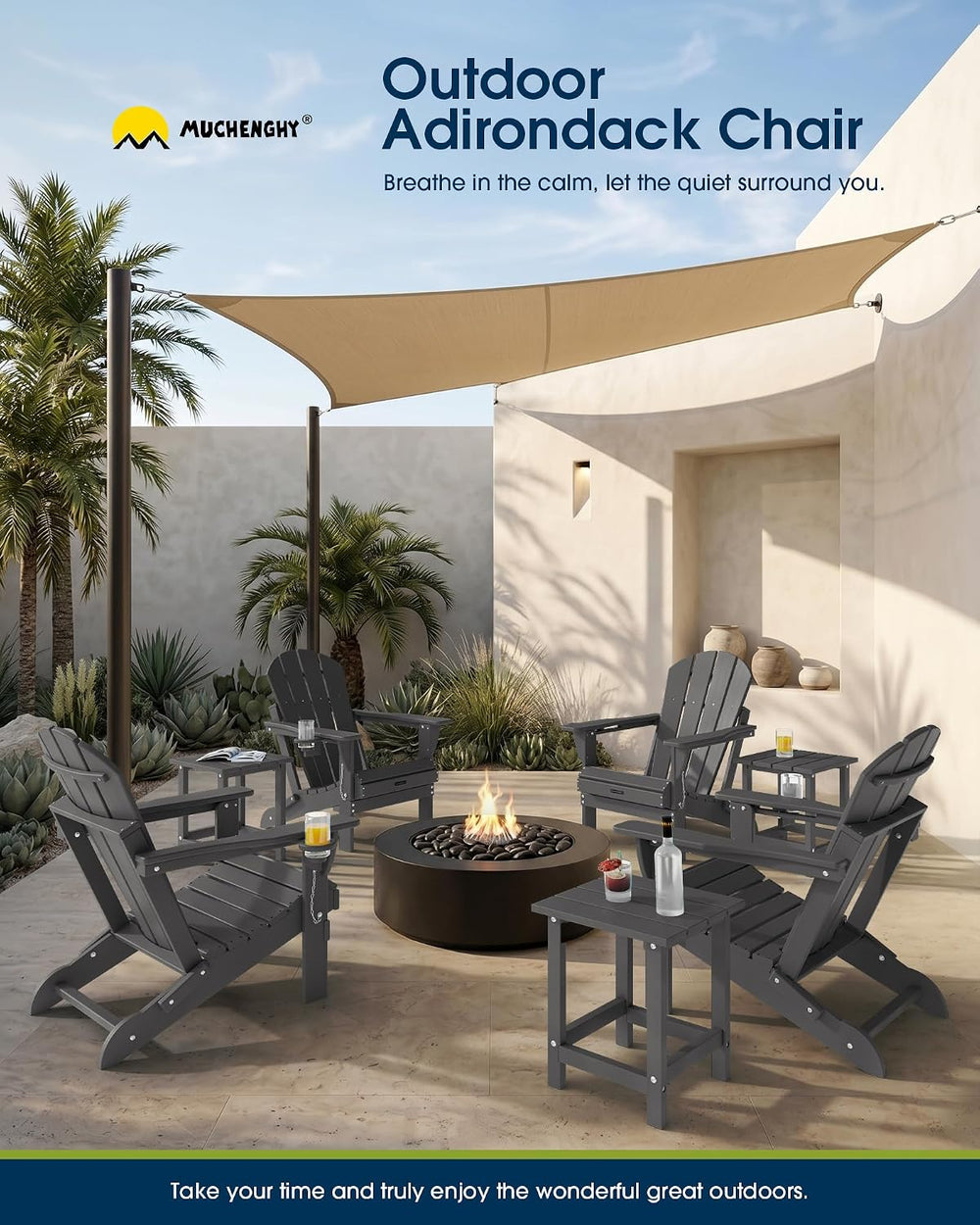 MUCHENGHY Folding Adirondack Chairs Set of 4, HDPE Patio Chair, Grey