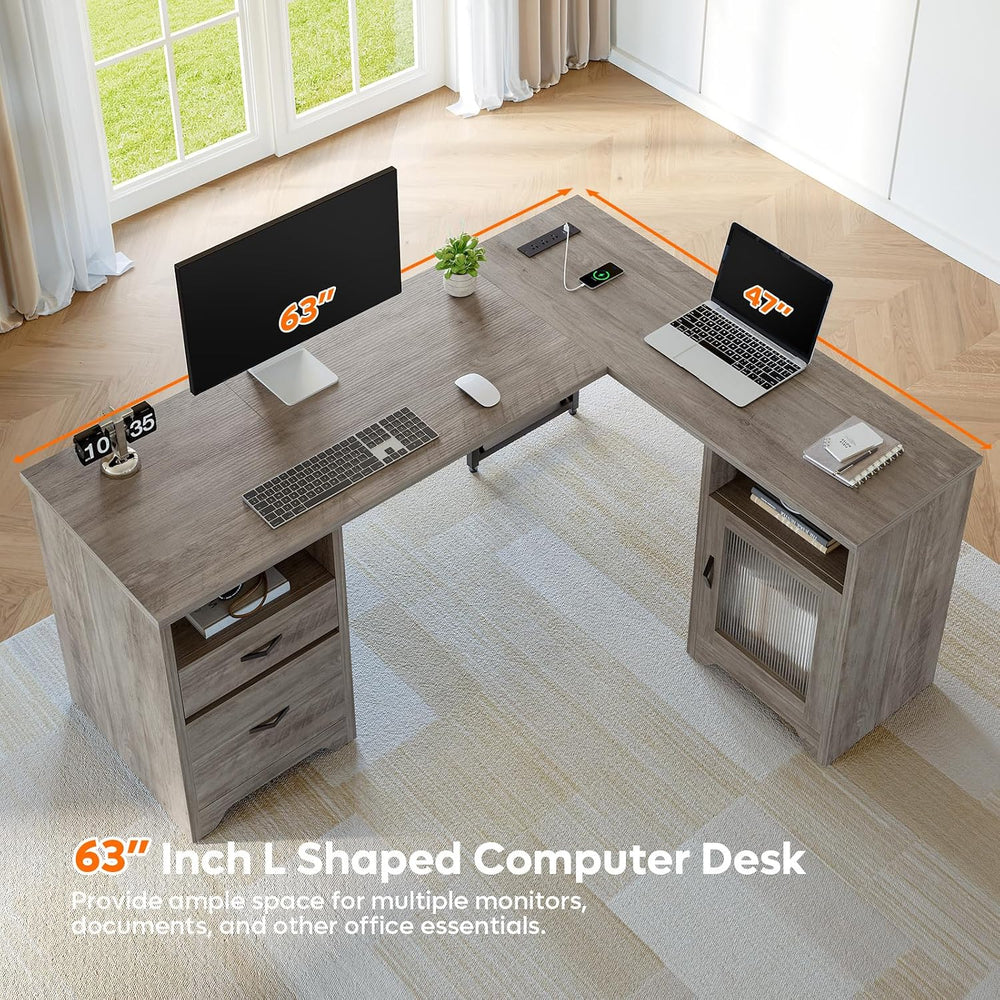 Bestier 63"x47" L Shaped Office Computer Desk with Charging Station...