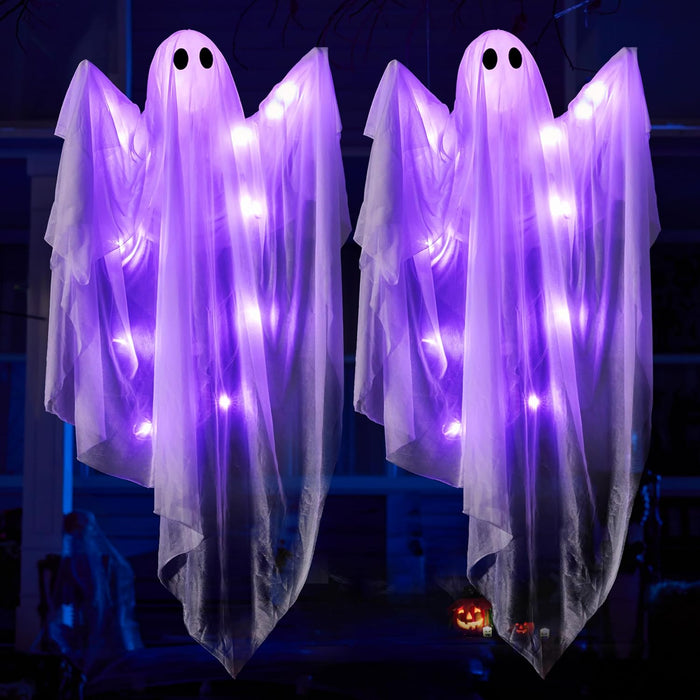 JOYIN 2 Pcs 47” Halloween Hanging Light up Ghost Decorations Outdoor, Halloween White Hanging Ghosts with Purple LED Lights for Haunted House Prop, Party Supplies, Front Yard Patio Garden Decor