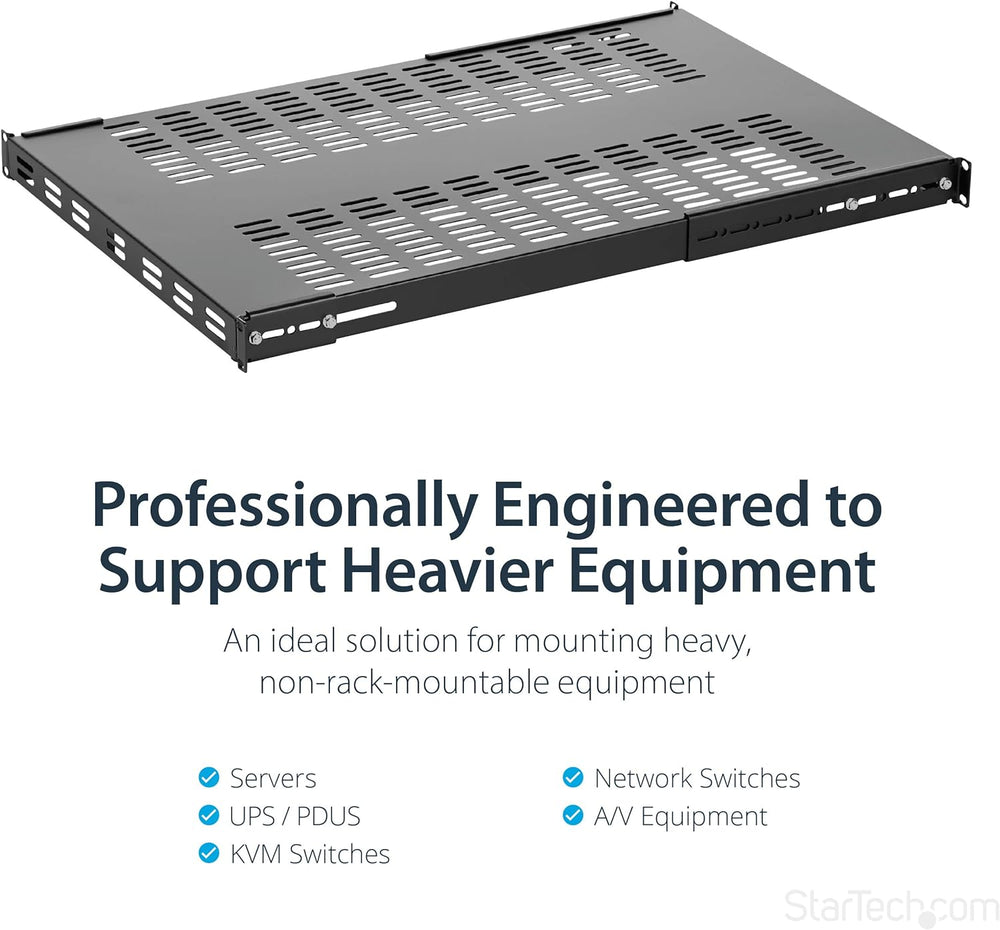 StarTech 1U 4-Post Adjustable Vented Rack Shelf, 330lb, 19in (ADJSHELFHDV)