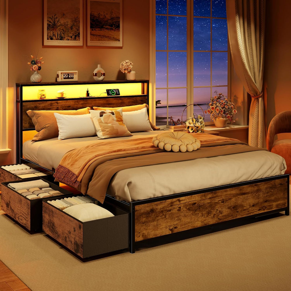 Forestell Queen Bed Frame with 2-Tier Storage Headboard & 6 Drawers