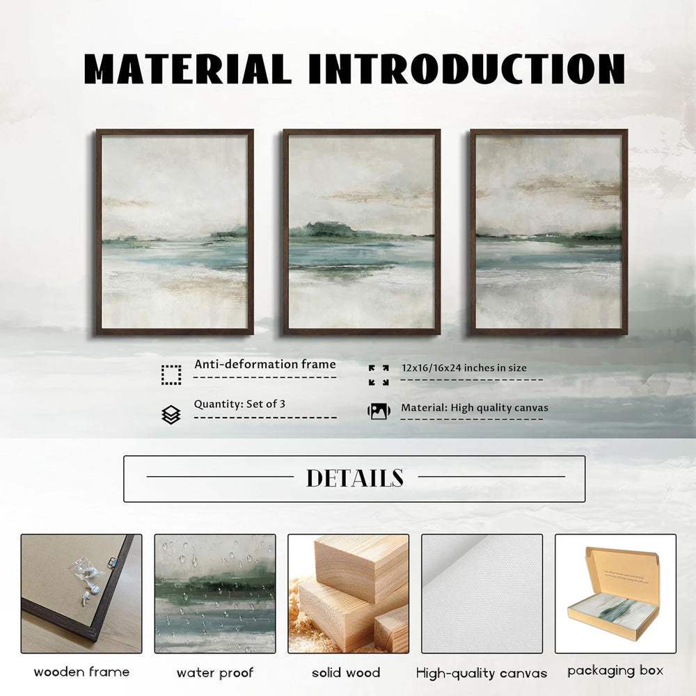 Abstract Wall Art Set of 3, Neutral Coastal Wall Decor, Blue Green Landscape ...