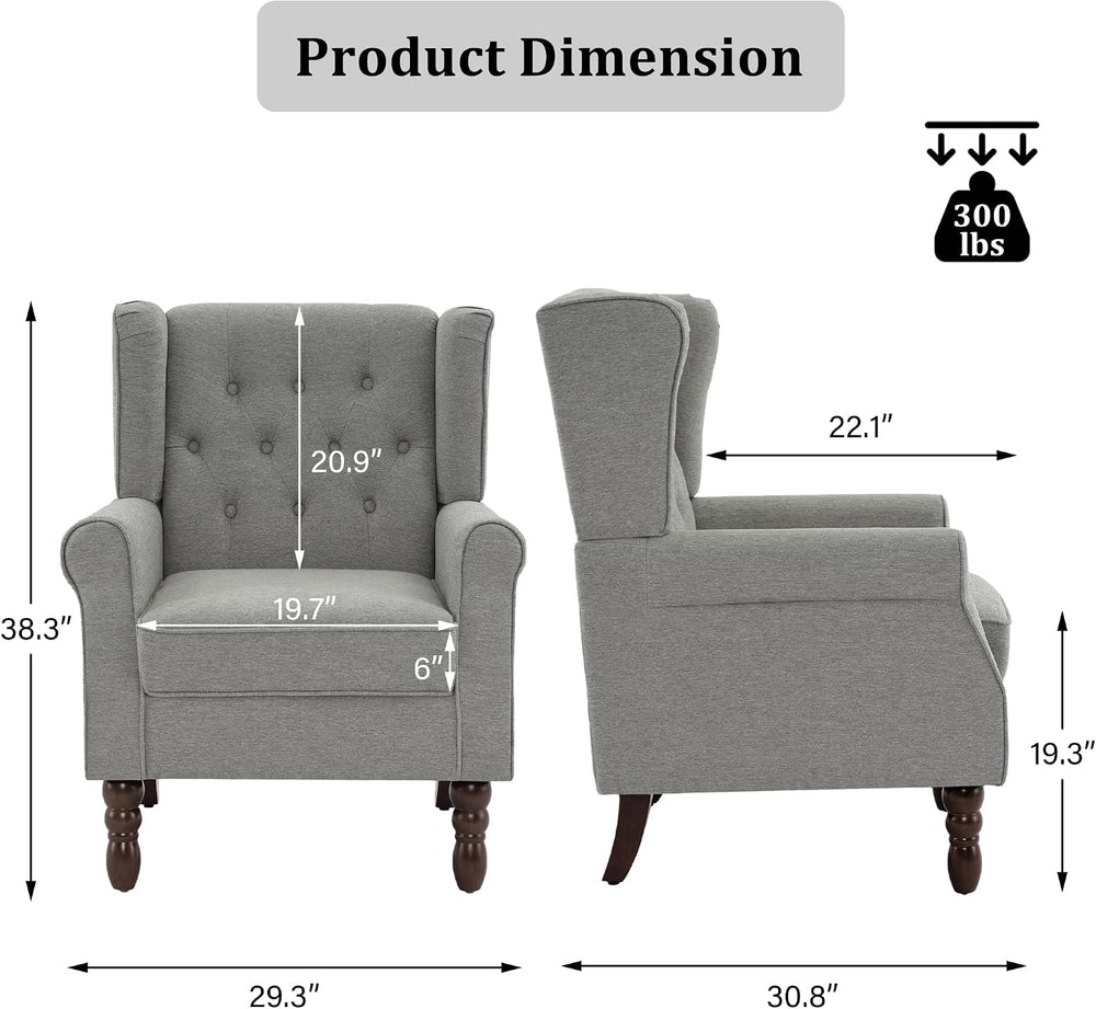 High Wingback Accent Chairs Set of 2, Button-Tufted Armchair, Light Gray