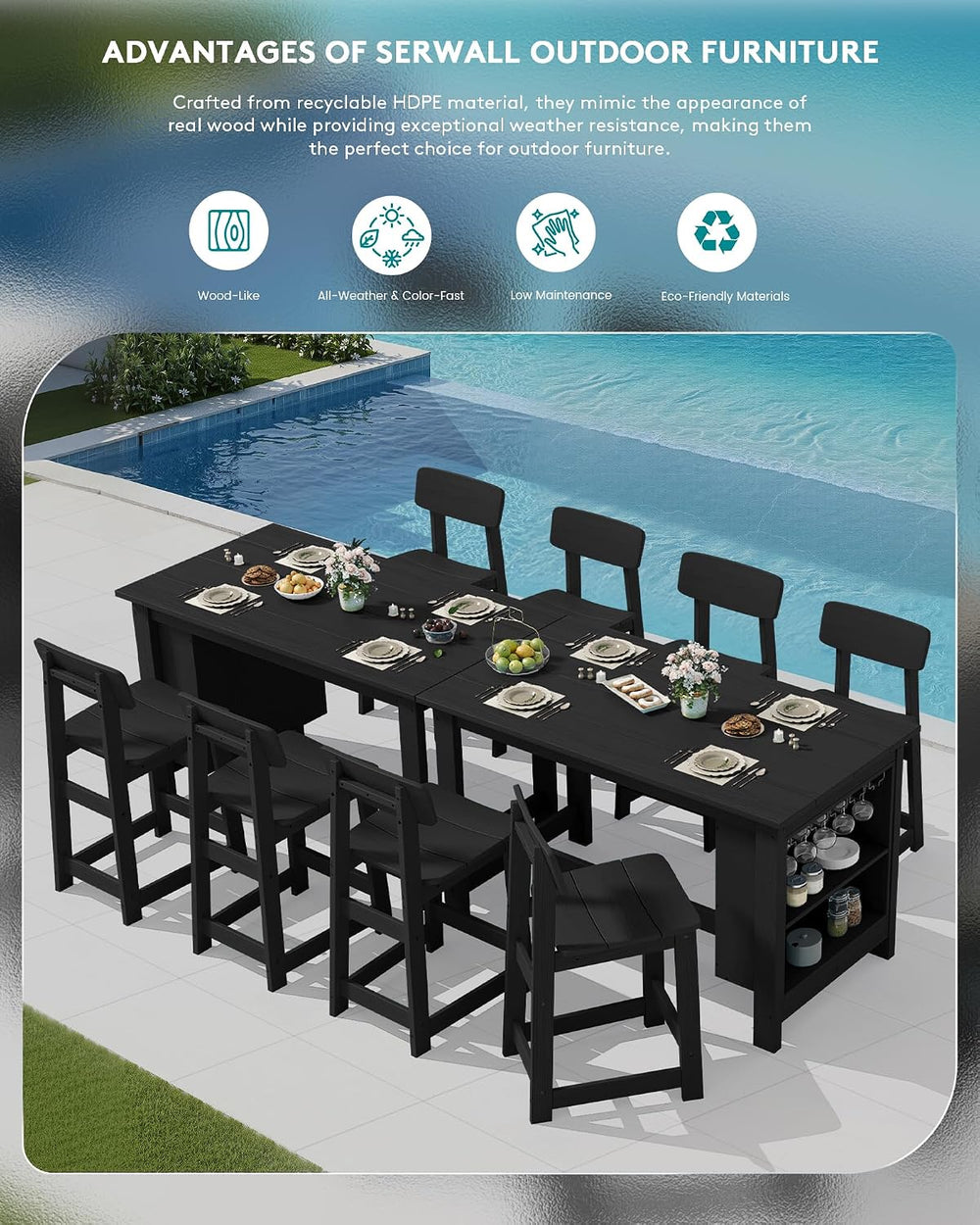 SERWALL Outdoor HDPE Counter-Height Bar Stools Set of 2, Black