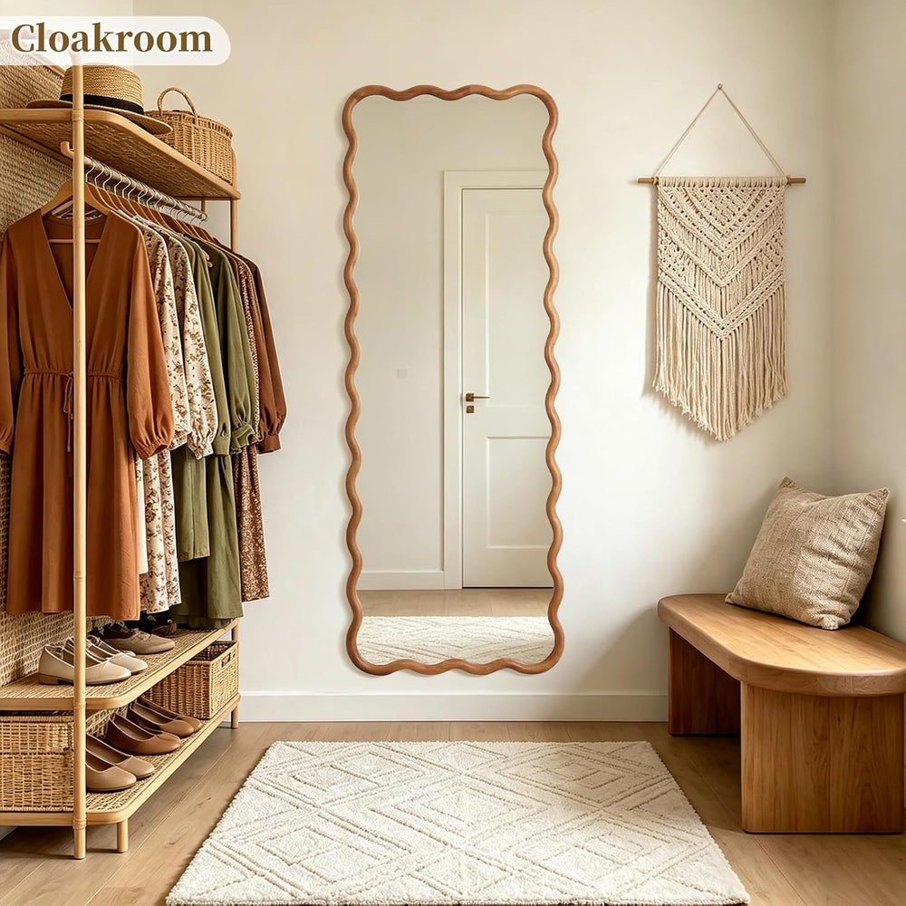 HOMECOOKIN 24"x65" Wood Full Length Mirror, Arched Natural Wood Boh...