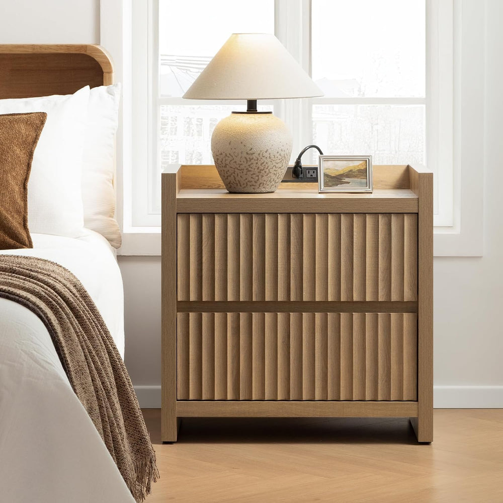 SICOTAS Night Stand Set 2 with Charging Station, Fluted Nightstands