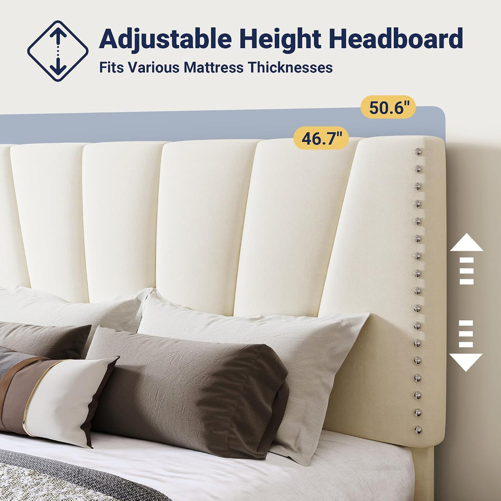 Allewie King Size Velvet Platform Bed Frame with Adjustable Headboard Cream