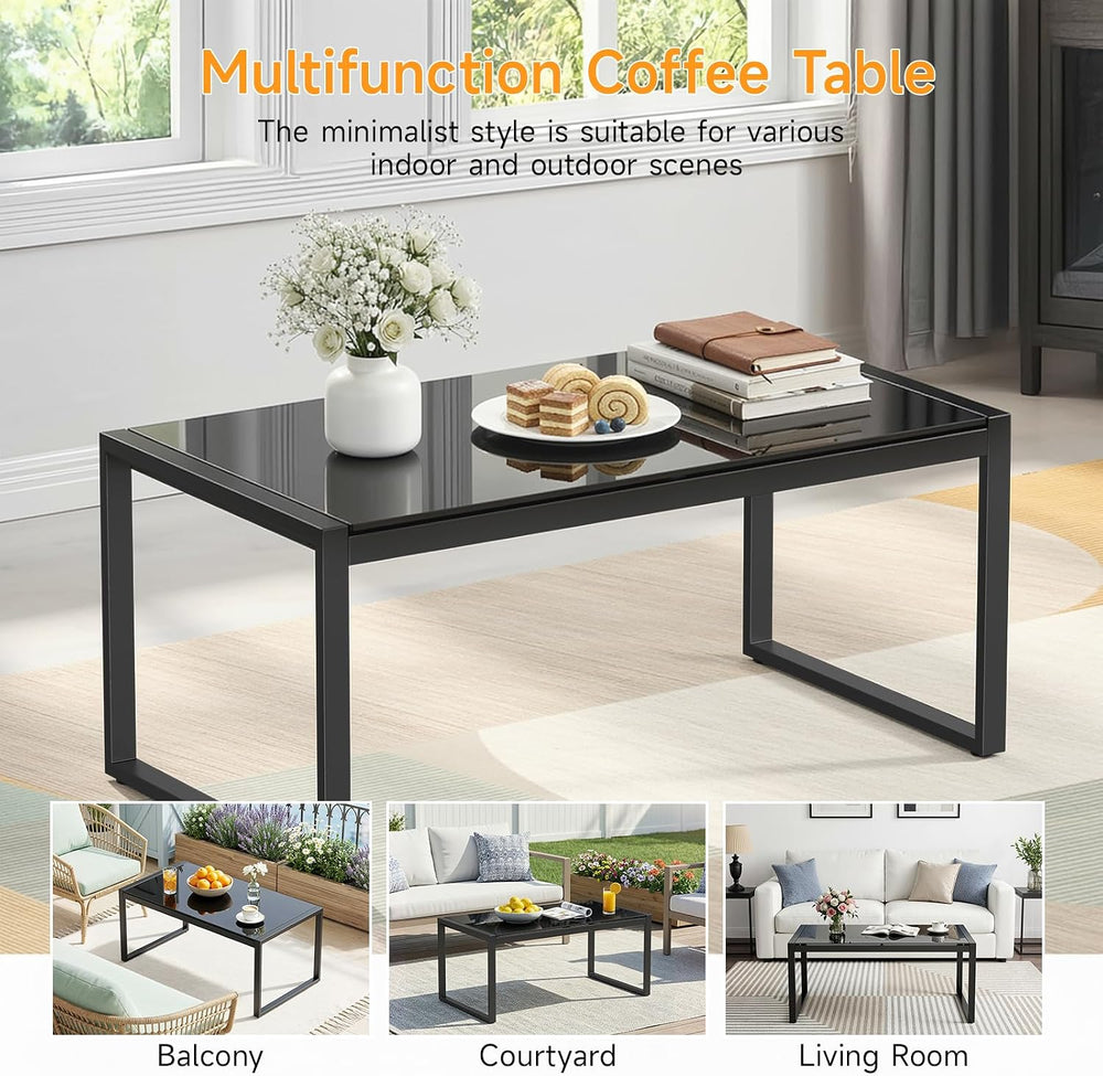 ONBRILL Rectangle Coffee Table with Tempered Glass Desktop, Black