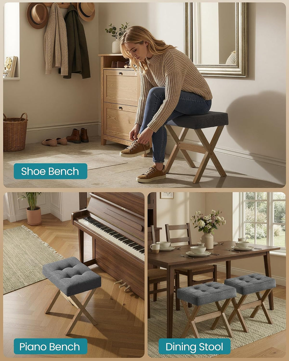 SONGMICS Makeup Stool, Padded Vanity Foot Rest, Solid Wood X Legs