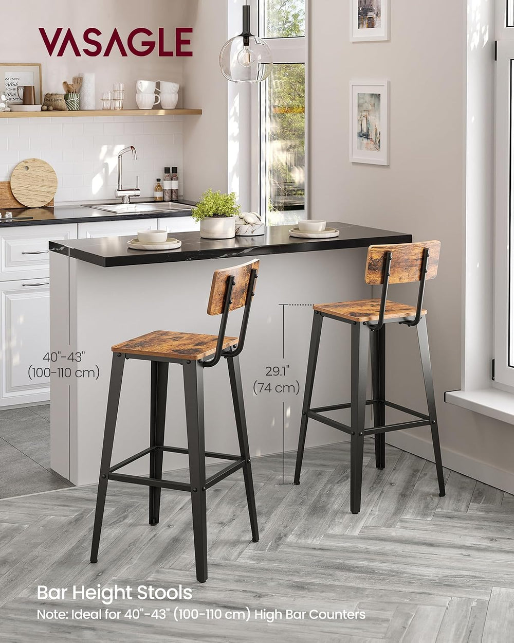 VASAGLE Bar Stools Set of 2, 29.7 Inches Tall, with Back, Steel Frame