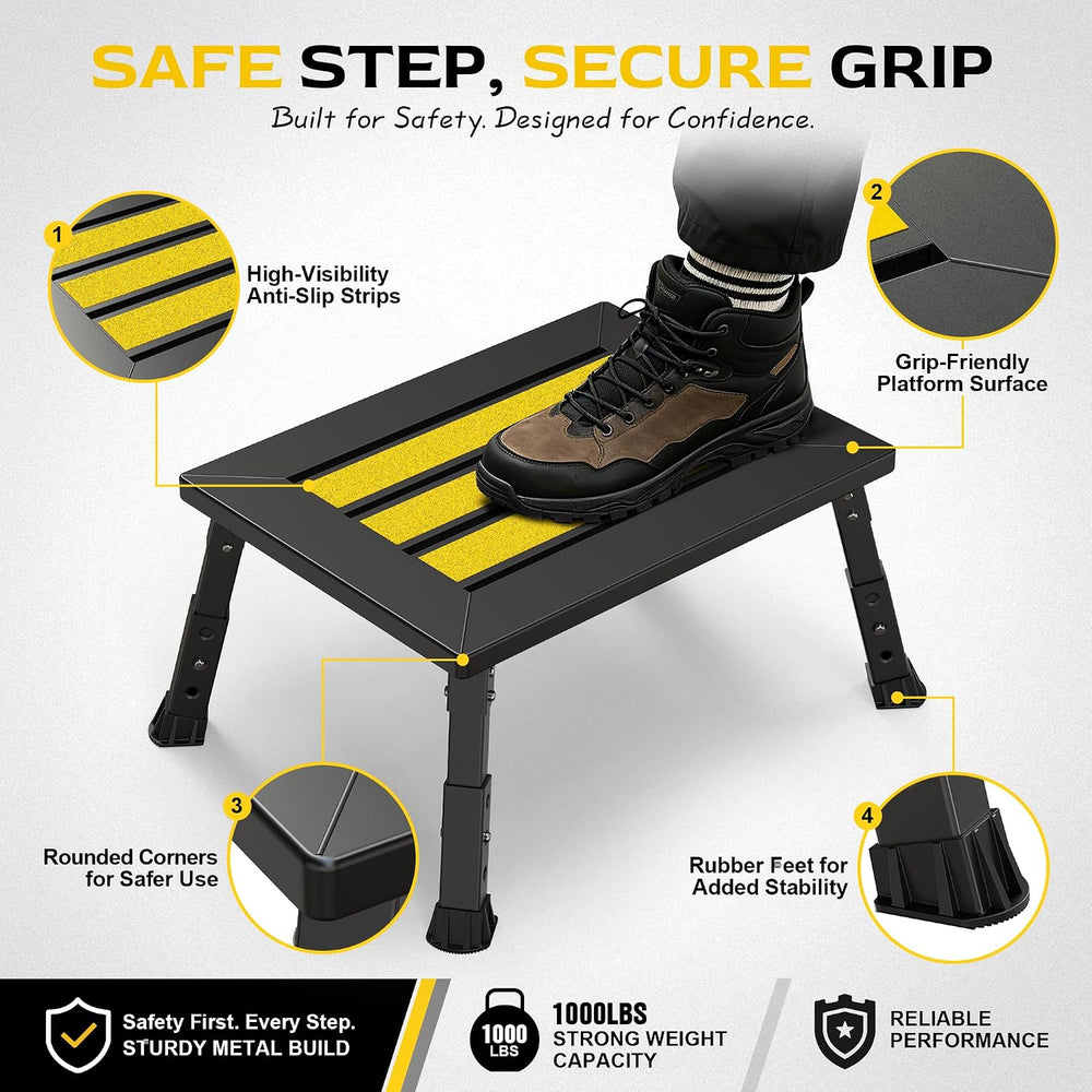 Adjustable RV Step Stool, 17" x 13" Wide Platform, Foldable Legs