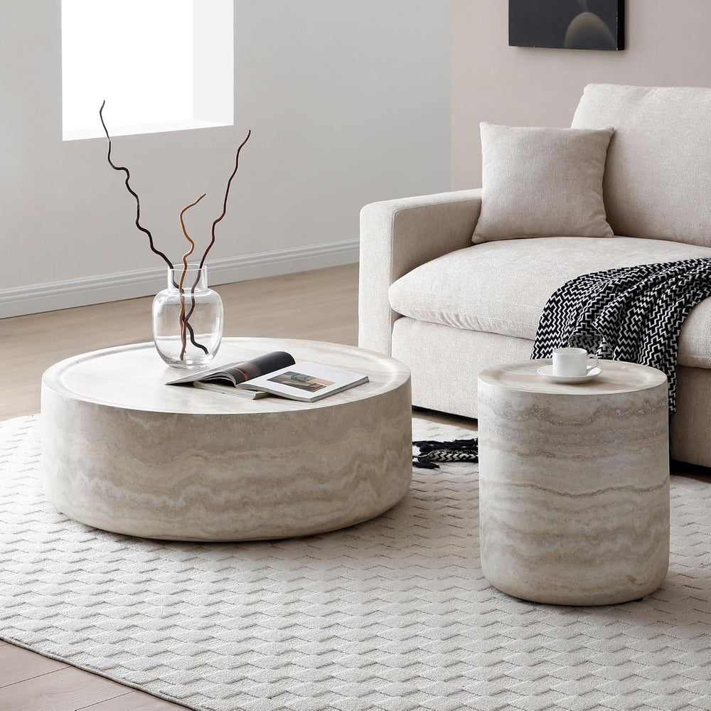JUSTONE Set of 2 Round Coffee Tables for Living Room, Faux Mars Pattern Moder...