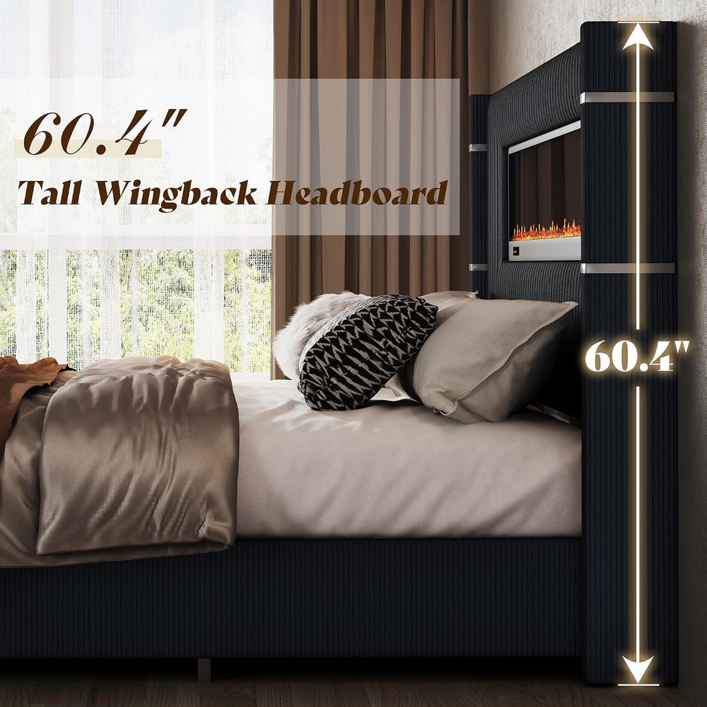 AMERLIFE Cal King Fireplace Bed Frame, Upholstered Headboard, Black