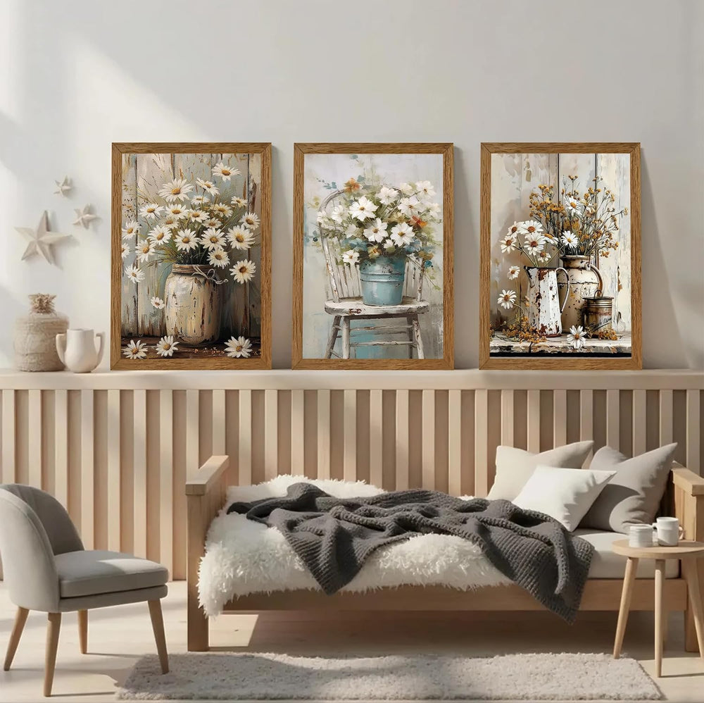 DUWQU Triptych Rustic Farmhouse Daisy Framed Canvas Wall Art 12x16 inch x3