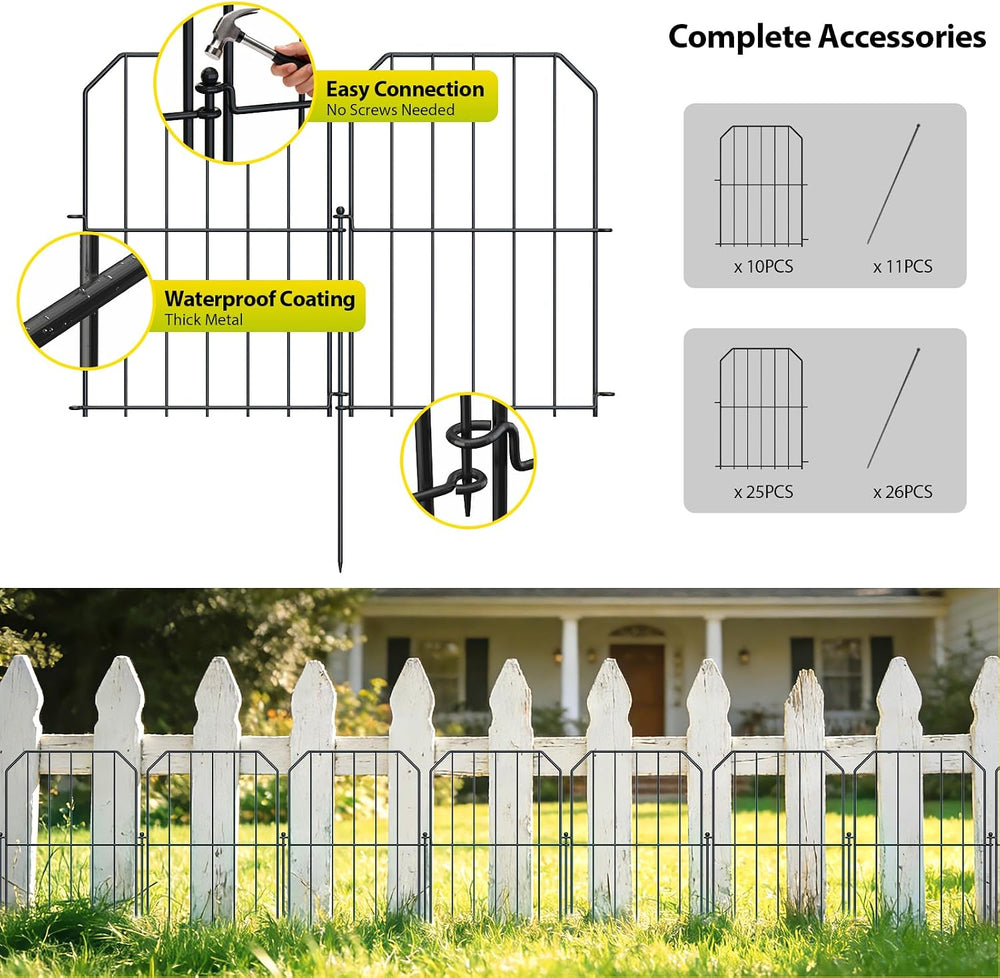 VANCASTLE Decorative Garden Fence, Toatal 25FT(L) x 24IN(H) Outdoor Metal No ...