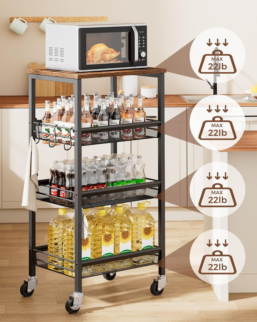 Homleke 4-Tier Rolling Kitchen Storage Cart, Fruit Vegetable Basket