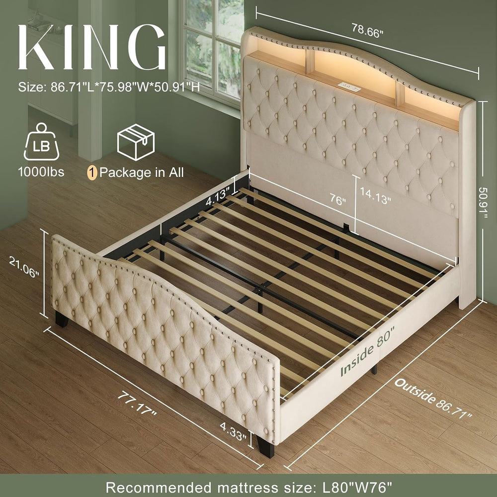 Belffin Platform Bed Frame with 50.9" LED Headboard, King Beige