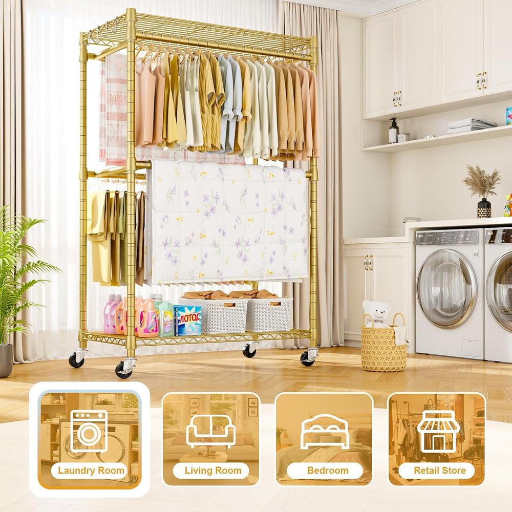 ULIFHOME Rolling Clothes Rack, Clothing Racks for Hanging Clothes, Gold
