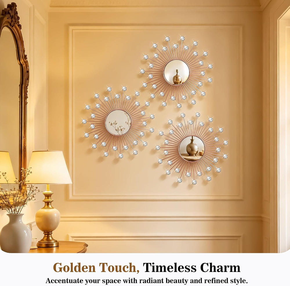 3 Pack Metal Mirrors for Wall Sunburst Wall Mirror Rose Gold Crystal Décor