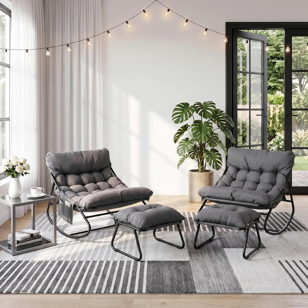 Arlopu Outdoor Rocking Chair Set of 2 with Ottoman, Papasan Rocking Chair