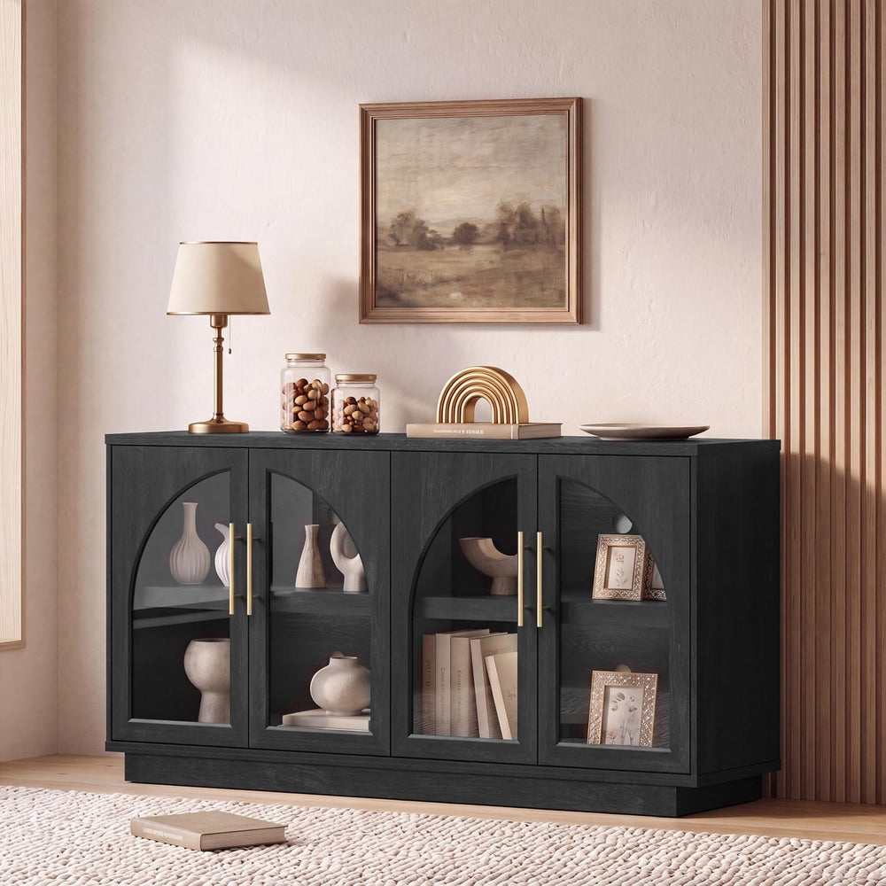 Fatmok 59" Arched Glass Sideboard Buffet Display Cabinet,Grey Black Oak