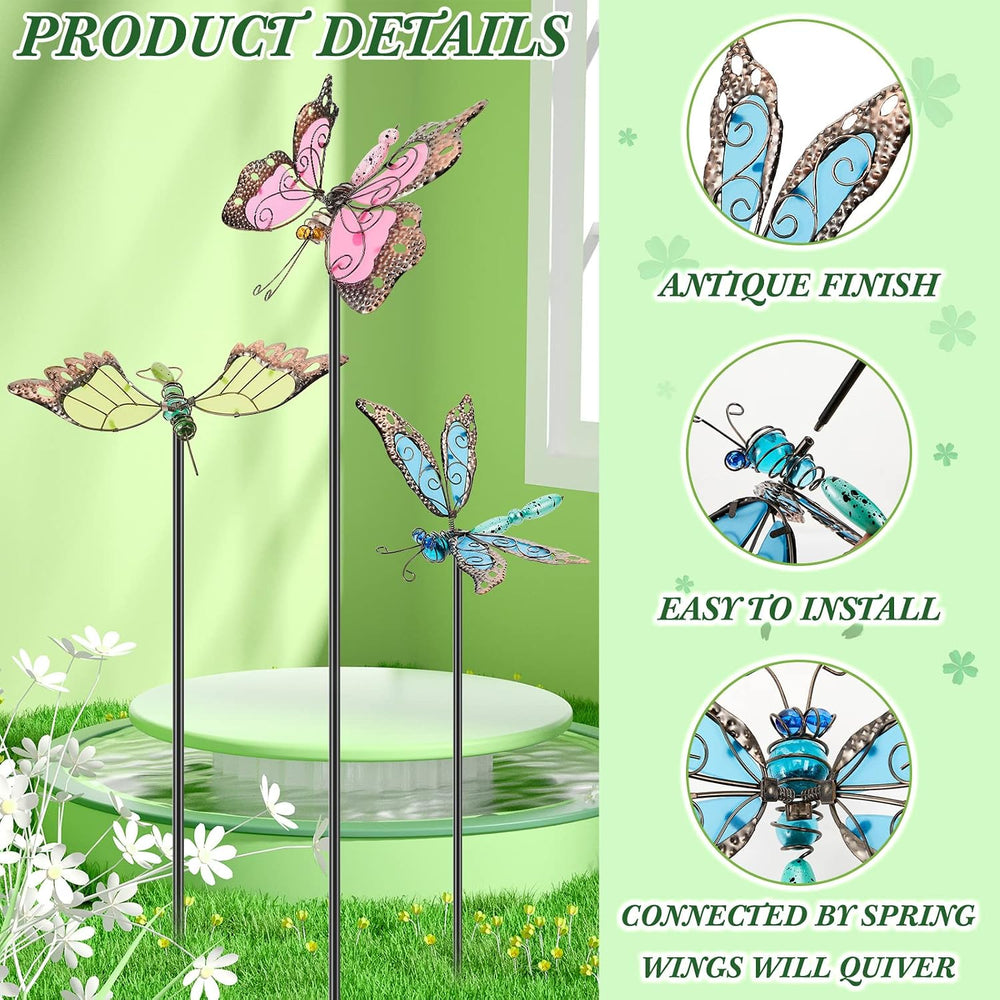 6 Pcs Metal Butterfly Garden Stakes Decor 34 Inch Dragonfly Hummingbird Butte...