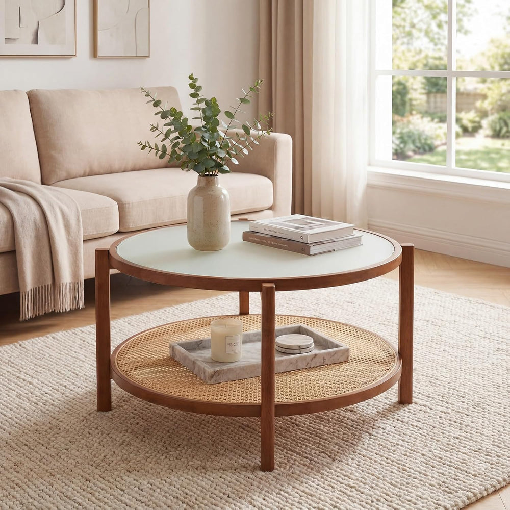 Tangkula 2-Tier Wooden Round Coffee Table, Walnut