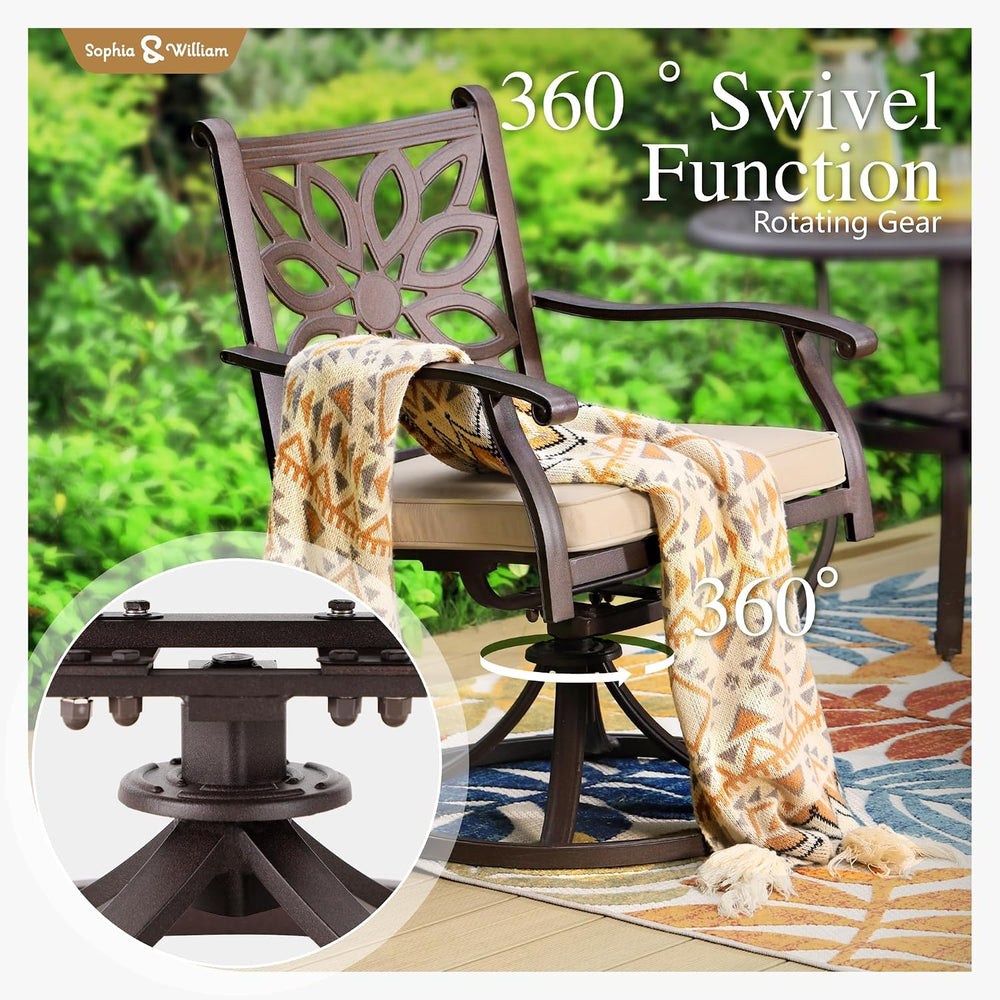 Sophia & William Patio Dining Set, Cast Aluminum, Swivel Chairs, Brown