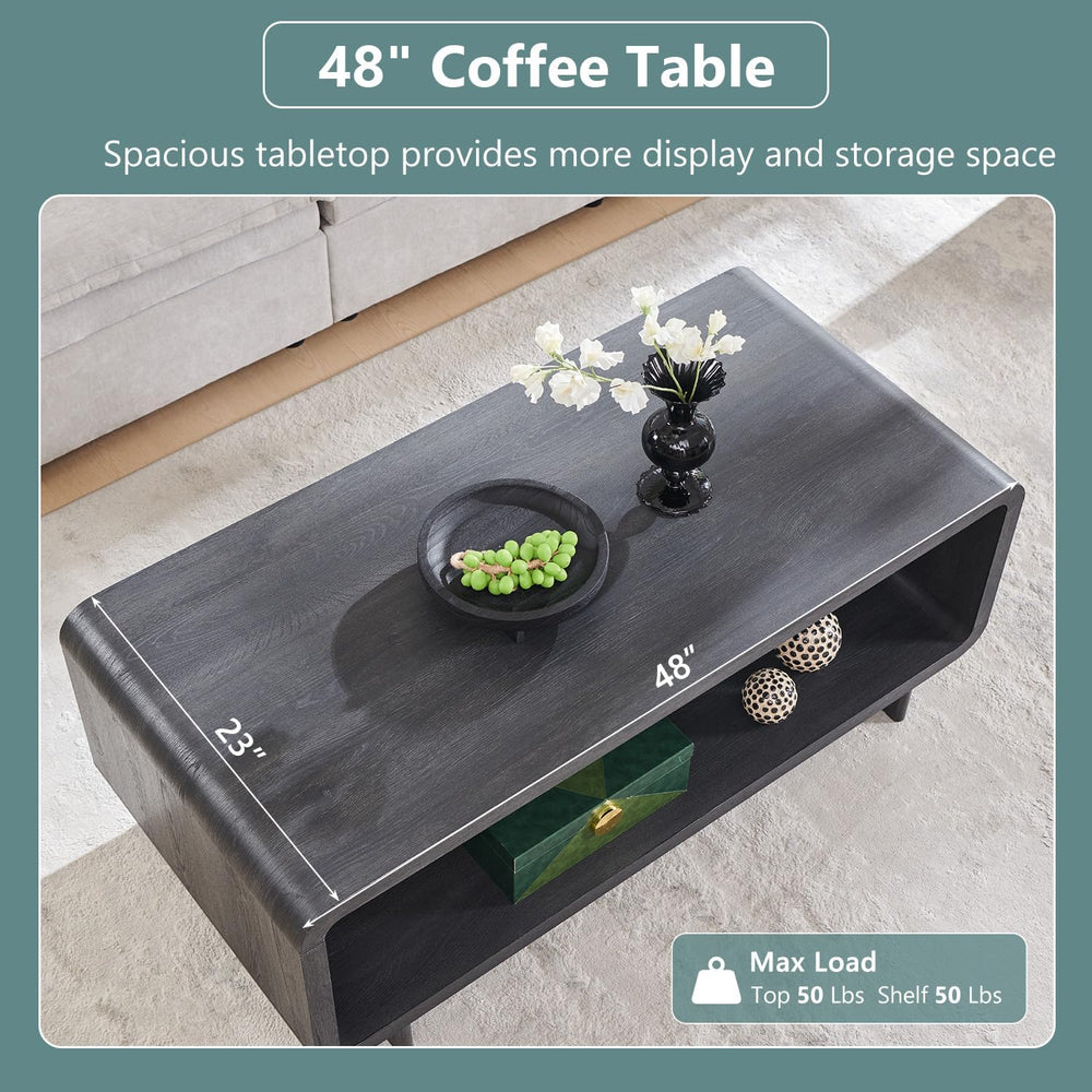IFGET 48" Modern Coffee Table, 2-Tier Curved Center Table, Dark Grey