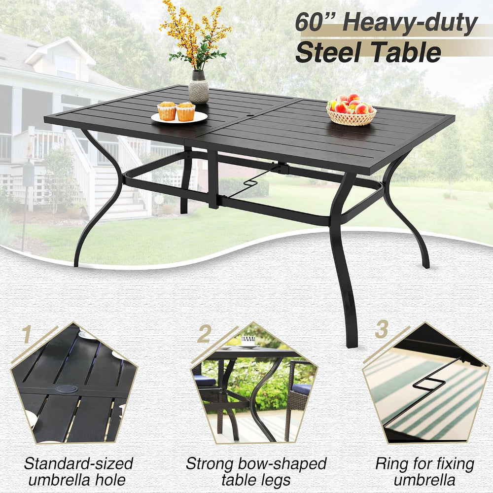 PHI VILLA 7pc Patio Dining Set with Beige Umbrella, 6 Rattan Chairs