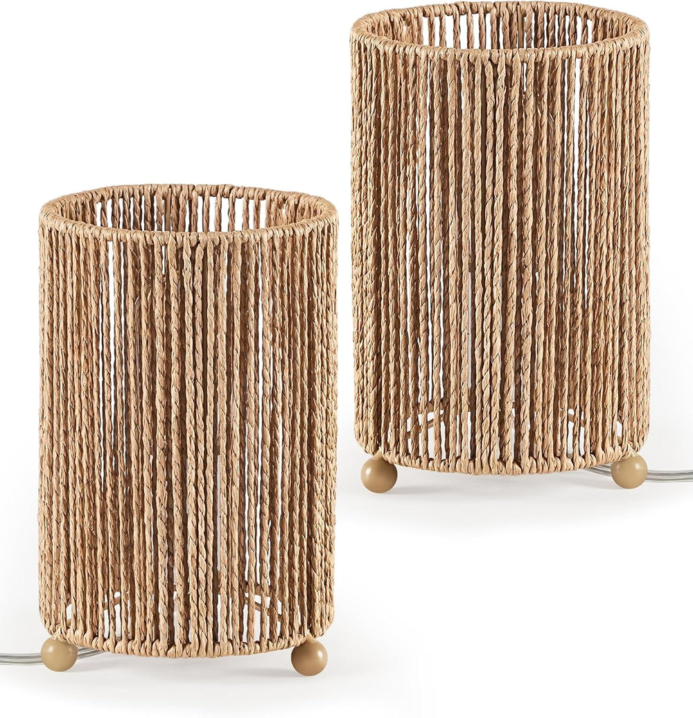 Small Rattan Table Lamps Set of 2, Boho Bedside Lamps Set of 2, Handwoven Pap...